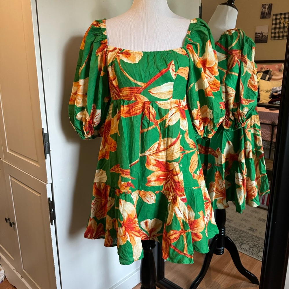 Green Floral Puff-Sleeve Mini Dress Size Large
